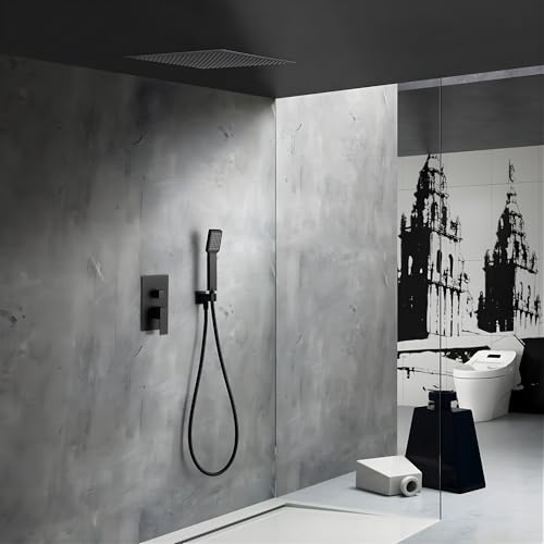 IMEX - Doccia a Incasso Soffitto Monocomando Nera | Soffione Doccia da Incasso a Soffitto Anticalcare Effetto Pioggia | Soffione e Rubinetteria Incasso in Ottone e Acciaio Inox S.304 | Serie Volga