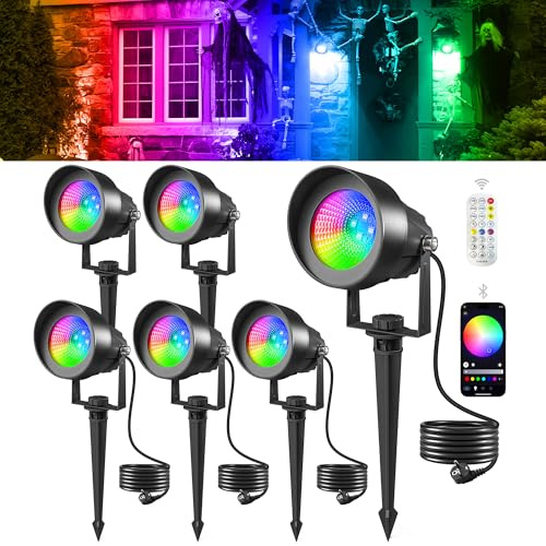 T-SUN Focos LED Exterior RGB con App Bluetooth y Mando a Distancia 6 Piezas | Foco Proyector Exterior con 16M Colores & 44 Modos Dinámicos Clavija de Tierra Focos Exterior Jardín para Patio Halloween
