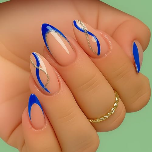 24 PCS Royal Blue Press On Nails, Almond Nude with Gold Glitter Swirls | French tip accents, almond shape, for women, festivals, Thanksgiving, parties and special occasions