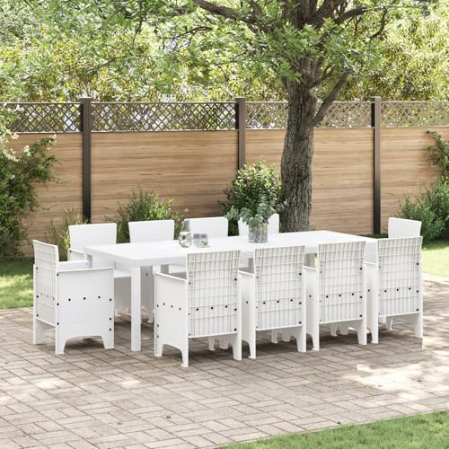 JHQHSM 11-TLG. Garten-Essgruppe aus Weißem Poly Rattan mit 10 Stühlen und Tisch für Terrasse Balkon, Wetterfeste Outdoor Möbelgruppe für Esszimmer im Freien, Modernes Design,