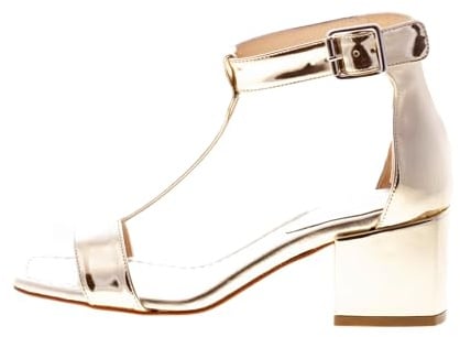ANNA F. Donna Sandalo T-Strap in Pelle Metallizzata Platino. Tacco 5,5 cm Color Oro Size 37