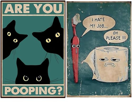 2Pcs Cartel de Baño Divertido, Cartel de Chapa Gato Retro, Letrero de Metal con Diseño de Gato, Divertido Retro Papel Higiénico Decoración de Pared, Para La Decoración Del Inodoro Del Baño 20X25 cm