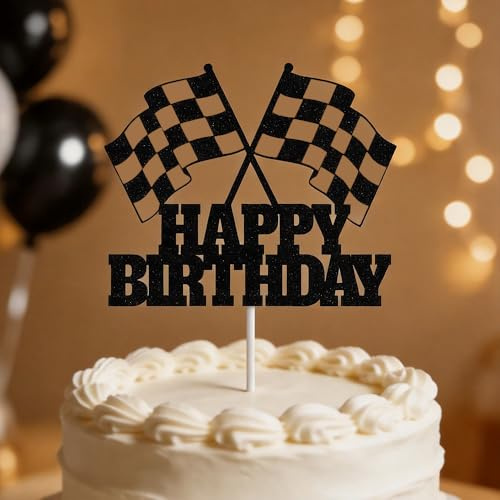 Racing Car Cake Topper - Black Glitter Non-Edible Birthday Decorations for Kids Party, Cupcake Toppers with Wooden Sticks (Set of 1)