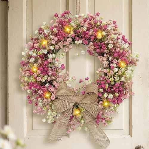 30CM Türkranz Frühling mit LED Licht, Frühlingskranz Haustür mit Lichterkette Künstliche Blumen Kranz Beleuchtet Frühlingsdeko Kranz mit Beleuchtung Türkranz Ostern Blumenkranz Wandkranz für Deko