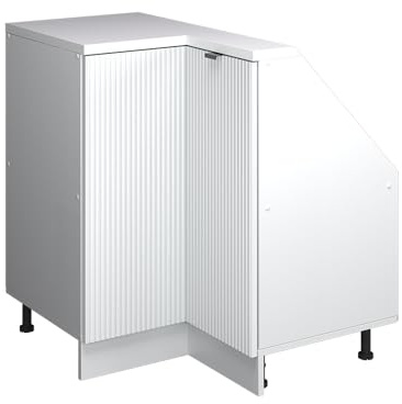 Vicco Eck-Küchenschrank für Dachschrägen R-Line, Weiß Riffel, 75.6 cm | Verbindet zwei Dachschrägen · Tiefe 46 cm · Höhenverst. Füße · 1 Tür · 1 Einlegeboden