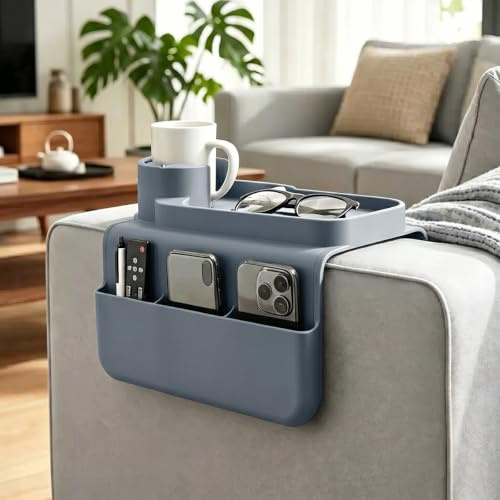 Vurixfo Silicone Sofa Arm Tray Cup Holder with Dual Side Pockets Grey | Non-slip, 47x29cm, fits arms 15-17cm, cup up to 11cm, 4 pockets for remote, phone, keys, snacks, for sofa, couch.