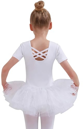 Tancefair Balettkläder för barn, balettklänning för flickor, glittrande balettrikå, bomull, balettdräkt, dansklänning, dansbody med glänsande kjol, tutu, Glänsande vit, 110