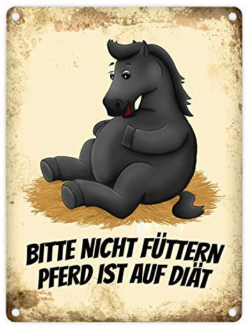 Metallschild mit schwarzes Pferd Motiv und Spruch: Bitte nicht füttern - Pferd ist auf Diät