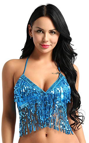 dPois Damen Pailletten Oberteil Top BH mit Quaste Bauchtanzkostüm Frauen Bauchtänzerin Bauchtanz Crop Top Halter Bra Latin Indian Belly Dance BH Set Performance Blau One Size