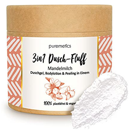 puremetics 3in1 Dusch-Fluff Mandelmilch mit Zuckerpeeling, 250g Duschgel, Peeling und Lotion in Einem, vegan und plastikfrei