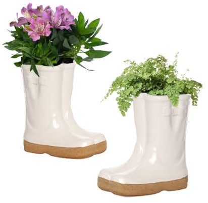 Dibor Plant Pot Set of 2 Indoor/Outdoor House Garden Plant Wellington Boot Flower Planter Pots Ceramic Planters Spring Summer Wedding Anniversary Gardening Gift