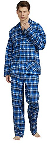 GLOBAL Men's Traditional Cotton Flannel Pyjama Set,Blue Plaids 3,L