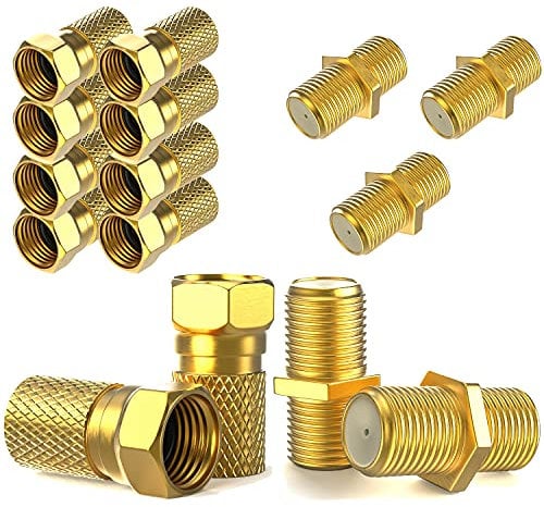 Connettore F 7mm avvitabile | 10 pezzi Connettori + 5 Adattatore F-femmina-femmina | Prolunga Cavo Sat placcati oro | guarnizione in gomma | dado largo | Coassiale Antenna Tv Satellitare