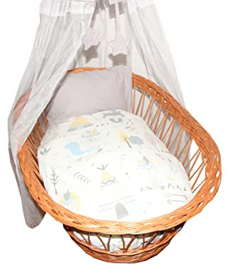 Belily Stubenwagenset, Stubenwagen Set, Stubenwagen Zubehör, Bettwäsche Set mit Himmel, Ausstattung für: Korbwiege, Wiege, Korbwagen, Stubenwagen (Tipi Grau)