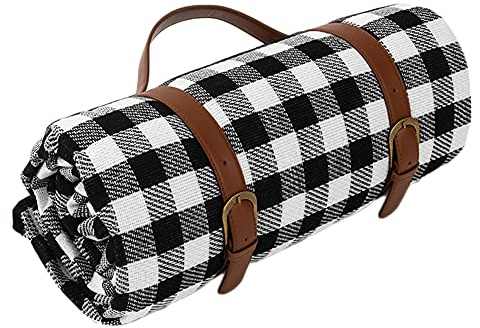Picknickdecke 3-8 Personen Wasserdicht Stranddecke Campingdecke Familiengröße Matte Strandmatte Outdoordecke Familiendecke Picknick-Matte mit Tragegriff für Picknicks, Camping, Schwarz-Weiss,150X200cm