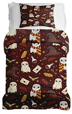 TherapieWelt Bettwäsche aus Atmungsaktive Baumwolle 2 teilig Set für Bett Schlafzimmer Deckenbezug mit Reißverschluss Bettbezug 135x200cm und Kissenbezug 80x80cm Zauberer Eule Magie braun