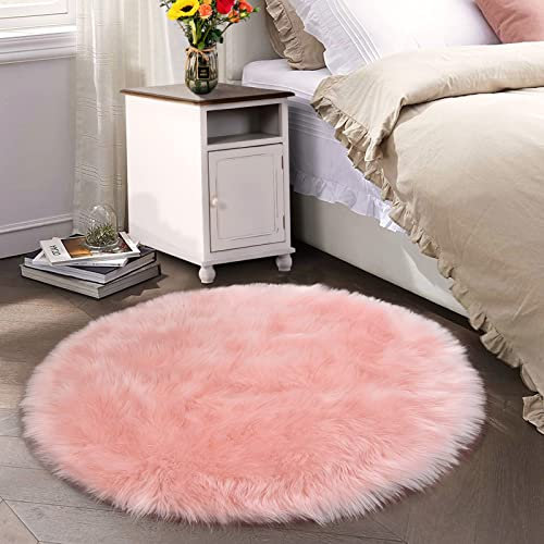 Latepis Rosa Teppich Rund 200cm Teppich Schaffell Kunstfellwaschbarer Teppich Wohnzimmer Teppich Groß Teppich Schlafzimmer Shaggy Warm Teppich