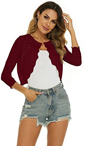 Ietaoo Coprispalle Donna Cardigan Corto Elegante Maniche a 3/4 Giacca Bolero Estiva Vintage Cardigan Coprispalle per Abito Vino Rosso L