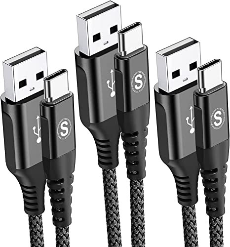 sweguard Cavo USB [3 pezzi, 1 m + 2 m + 3 m] cavo di ricarica USB tipo C in nylon tipo C per Samsung Galaxy S22 S21 S10 S9 S8+ Ultra/FE, Note 20 10, M31 M30s M20 A20e A71 A51 A42 A10e, LG G7.,Nero