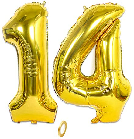 Borsgye Zahlenballon 14 Helium Folie Luftballons Große Riesen Ballon Zahl Nummer Folienballon XXL 100cm Zahlen Ballon 40 Zoll für Geburtstag Hochzeit Jubiläum Party Dekoration - Gold 14