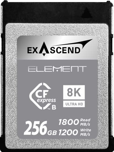 Exascend Element 256GB CFexpress Type B 1200MB/s Write Speed, 1800MB/s Read Speed, for RAW 8K Video For Professional Grade DSLR and Video Cameras Sustained Write 450MB/s (8K Video, 256GB)
