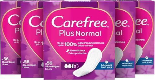 CAREFREE Slipeinlagen Plus Normal mit Frischeduft (5 x 56 Stück), super saugstark, um Flüssigkeiten sofort einzuschließen, Größe