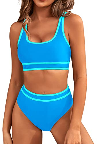 BMJL Women's High Waisted Bikini Sets Sporty Two Piece Swimsuits Color Block Cheeky High Cut Bathing Suits(M,Blue)