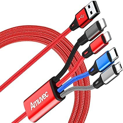 Amuvec Multi Cavo Caricabatterie, 3A/1.2M Nylon Intrecciato 4 in 1 Cavi USB Carica Veloce con 2*iP, Tipo C, Micro USB porte per Telefono, Samsung Galaxy, Huawei, Sony, Moto, Xiaomi, LG, Oppo, PS5