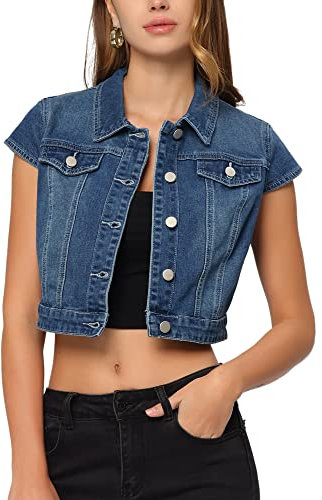 Allegra K Women's Summer Button Down Short Sleeve Cropped Jean Denim Jacket Blue L
