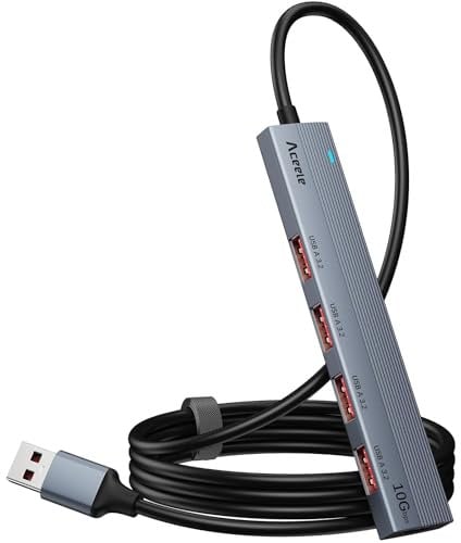 Aceele USB Hub 𝟏𝟎𝐆𝐛𝐩𝐬, USB 3.2 Gen 2 Hub with 4 USB A Ports and Type-C Power Port, USB 3.2 Splitter with 4ft Extented Long Data Cable USB Extension for Laptop, Desktop PC, Xbox and Mac and More