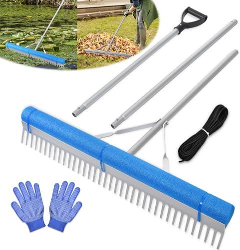 Floating Weed Lake Rake, 36 Aluminum Landscape Rake with Adjustable Handle, 33FT Rope & Float, Weed & Algae Removal of Leaves, Floating Scum, Multifunctional Detachable Aquatic Weed Rake with Gloves
