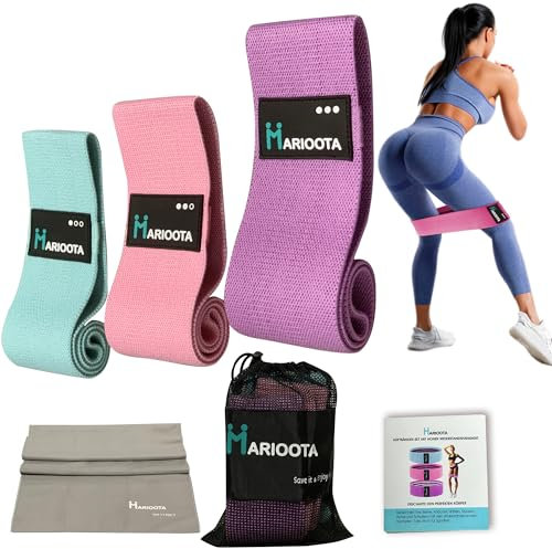 MARIOOTA Lange Stoff Fitnessbänder 3 Verschiedene Widerstandsbänder Set Tragebeutel mit Griffen & Türanker, Resistance Bands für Männer/Frauen (BLAU - ROSA - LILA, Resistance Hip Bands)