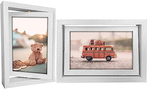 Ichigo Ichie Portafotos Giratorios de Doble Cara, Marcos de Fotos de Madera Giratorios para Escritorio para 2 Fotos de 10x15cm por Delante y por Detrás, Blanco