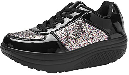 Gsheocm Stivali estivi da donna, motivo forato, scarpe da ginnastica, zeppe, alla moda, con paillettes, scarpe da donna, Nero , 39 EU