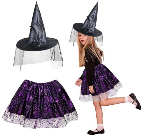 DONGSZQ Costume da Strega Bambina, Cappello da Strega e Tutù in Tulle di Ragnatela, Set Costume da Strega Halloween Cosplay per Bambina Ragazze(3-8 Anni)