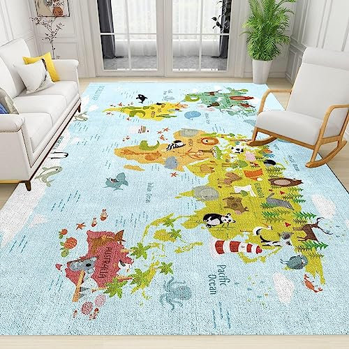 TEMLAN Cartoon-Farbtier-Weltkarte Teppiche Gegend, Bildungskarte Für Kinder Kleiner Teppich für Wohnzimmer, Schlafzimmer, Kinderzimmer, Büro, etc 100 x 150cm