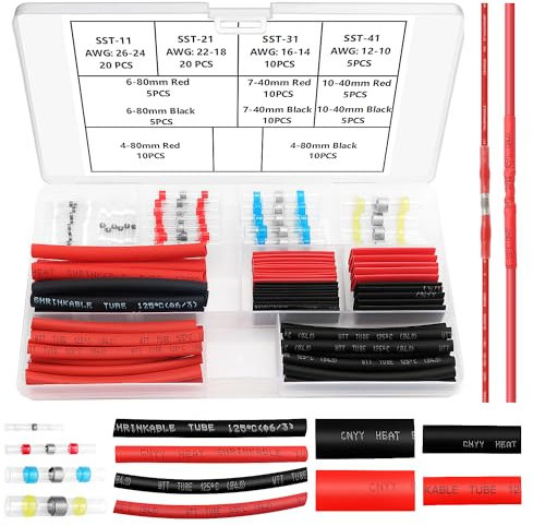 YIXISI 115 Pezzi Set Guaine Termorestringenti Saldanti, Connettori per Saldatura, Terminali Elettrici Isolato Impermeabili, Connettore Termoretraibile, con Tubi Termorestringenti, 26-10 AWG