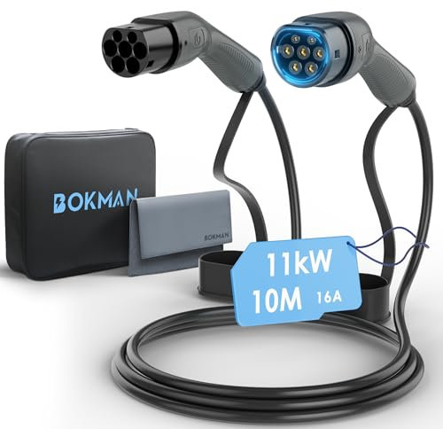 bokman Typ 2 Ladekabel, Modus 3 / 16A / 11 kW / 3-Phasig / 10 Meter, Typ 2 auf Typ 2 EV Ladekabel für Elektroauto mit Tragetasche und Mikrofasertuch