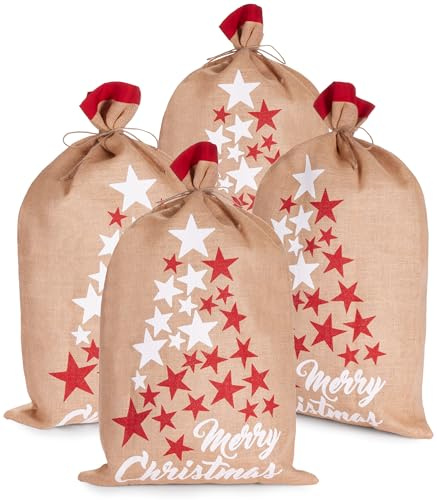 BRUBAKER 4 Weihnachtssäcke Sterne Weiß Rot - Merry Christmas - 80 cm Geschenksack Weihnachten - Nikolaussack Jutebeutel Sack mit Kordel zum Verpacken von Geschenken - Jutesäcke
