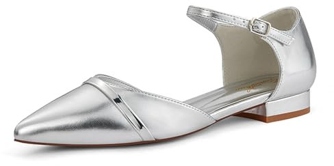 GENSHUO Zapatos Planos para Mujer - Zapatos de Vestir Casual con Punta Afilada y Tacón Bajo, Plateado, 39 EU