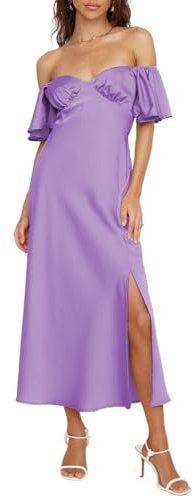 Vestido formal de satén con hombros descubiertos para mujer, elegante, manga de mariposa, vestido midi de cóctel con abertura para fiesta de graduación, Lila, Large