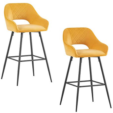 JYMTOM 2er Set Samt Barhocker Grauer Hocker mit Armlehne Metallbeine Modern Design hohe Hocker für Esszimmer Bar Cafè und Counter (Samt, Gelb)