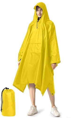NUUR Regenponcho Herren Damen Unisex Regencape Regenmantel Regenjacke Wasserdicht Hiking Cycling Outdoor 3in1 Mehrzweck Wiederverwendbar Rain Poncho mit Kapuze Gelb