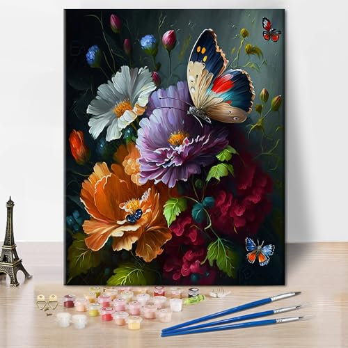 Fleurs Couleur par numéros pour adultes Fleurs colorées Couleur simple par numéros Papillon Peinture à l'huile Peinture par numéros pour décoration murale Kit de peinture acrylique sur toile Art