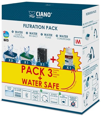CIANO, Aquarium Consommables + Conditionneur - Cartouches de Filtration pour Filtre d'Aquarium & Conditionneur - Pack 3 Mois, Taille M - Eau Cristalline pour Poissons, sans Impuretés et sans Odeur