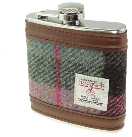 Glen Appin Harris Tweed Hip Flask Gift Boxed (Colour 137 Green/Pink Check)