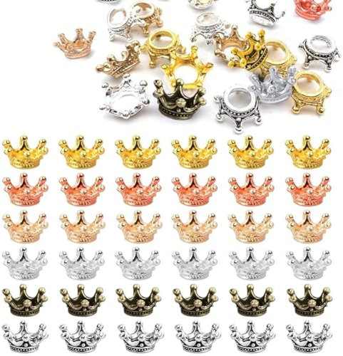 120 Stück Kleine Gold Kronen Deko, 6 Farben Mini Krone Anhänger Charms 3D Glückswürmchen Sorgenwürmchen Zubehör, Tibetischen Stil Perlen Kappe Rund Krönchen zum Basteln DIY Damen Schmuck Armband