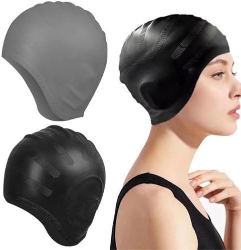 Gorro de Natación con Protección de Oídos 3D, 2 Piezas Gorro de Natación Impermeable, Gorro de Natación Impermeable, Gorro de Piscina, para Mujeres, Hombres y Niños, Negro, Gris