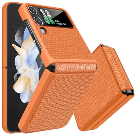 Giyer Handyhülle für Samsung Galaxy Z Flip 4 Hülle mit Displayschutzfolie Scharnierschutz, Rutschfester Textur Hard PC Rugged Stoßfest Schutzhülle für Samsung Z Flip 4 5G Flip Case Cover (Orange)