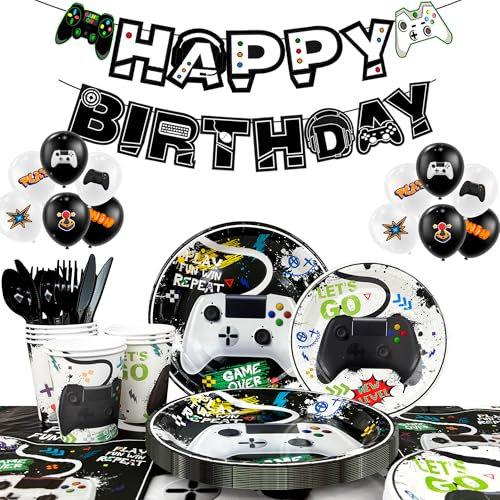 Video Game Party Supplies,Serves 16 Gaming Party Decorations Tableware Set Game Plates Cups Napkins Tablecloth Gaming Balloons Banner etc Black White Video Game Birthday Supplies